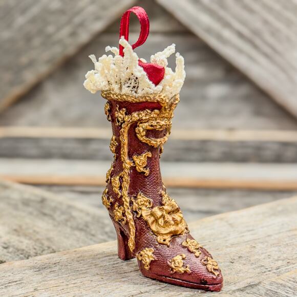 Vintage Old Victorian Style Lace/Satin Top Boot-Red and Gold-Christmas Ornament - Picture 6 of 7